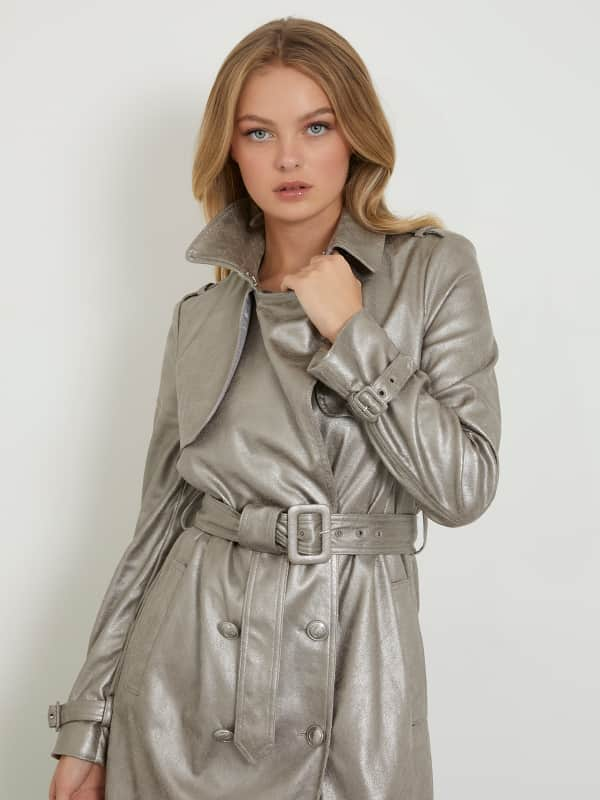 GUESS Metallic Faux Leather Trench Coat "Gold"