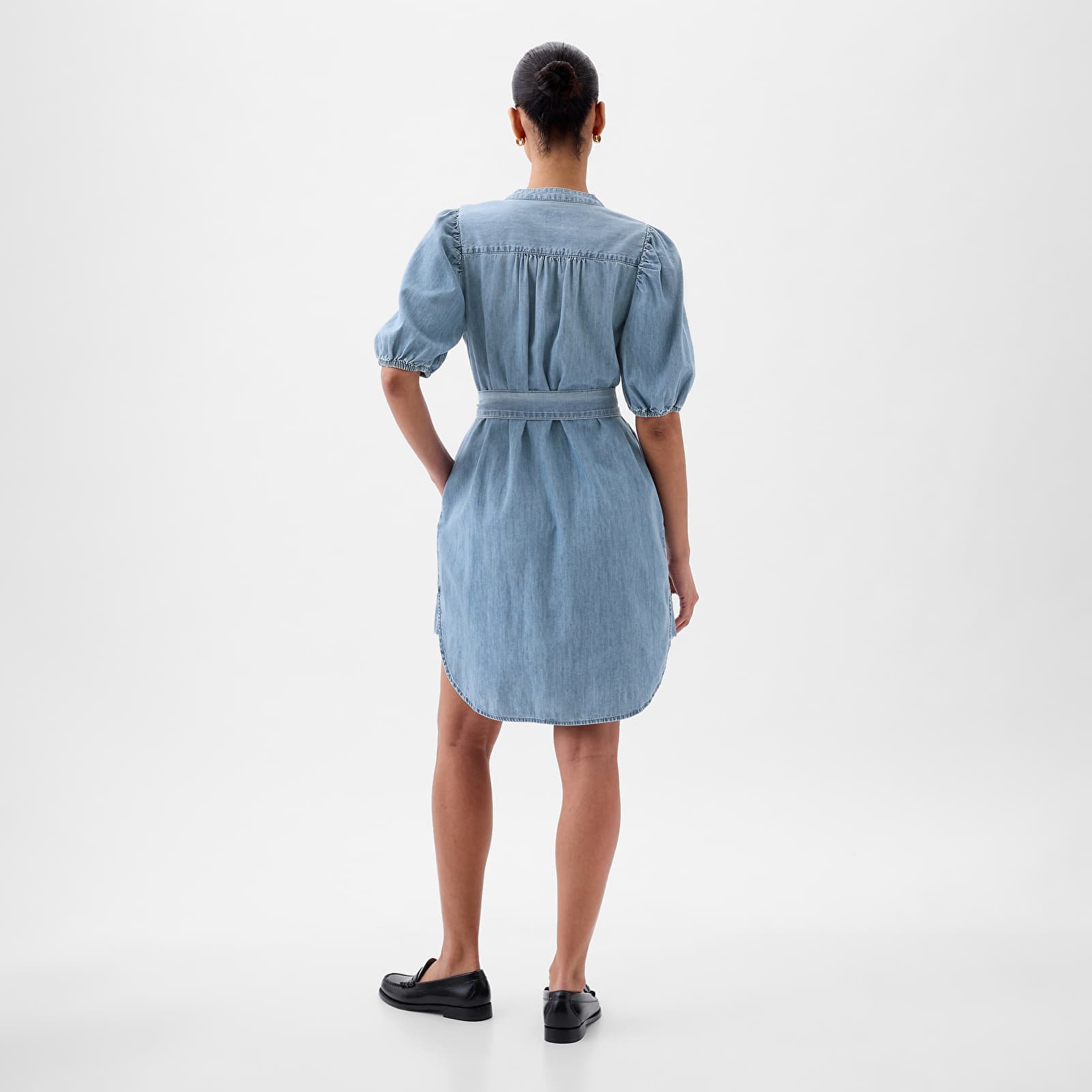 Dresses Shortsleeve Puff Sleeve Denim Shirtdress Light Wash Indigo 118