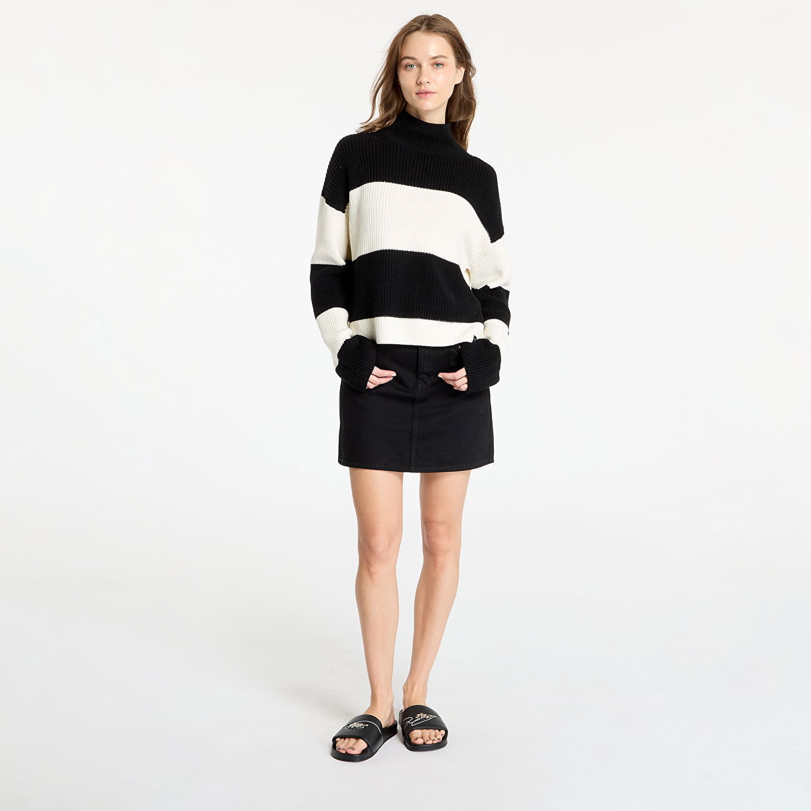 Chunky Loose High Neck Sweater Ivory/ Black Stripe