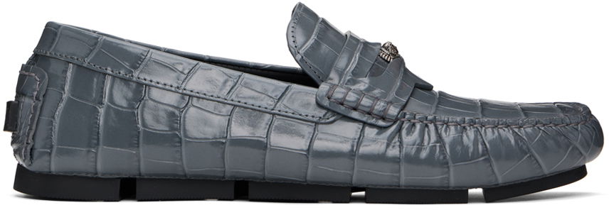 Gray Medusa Croc-Effect Driver Loafers