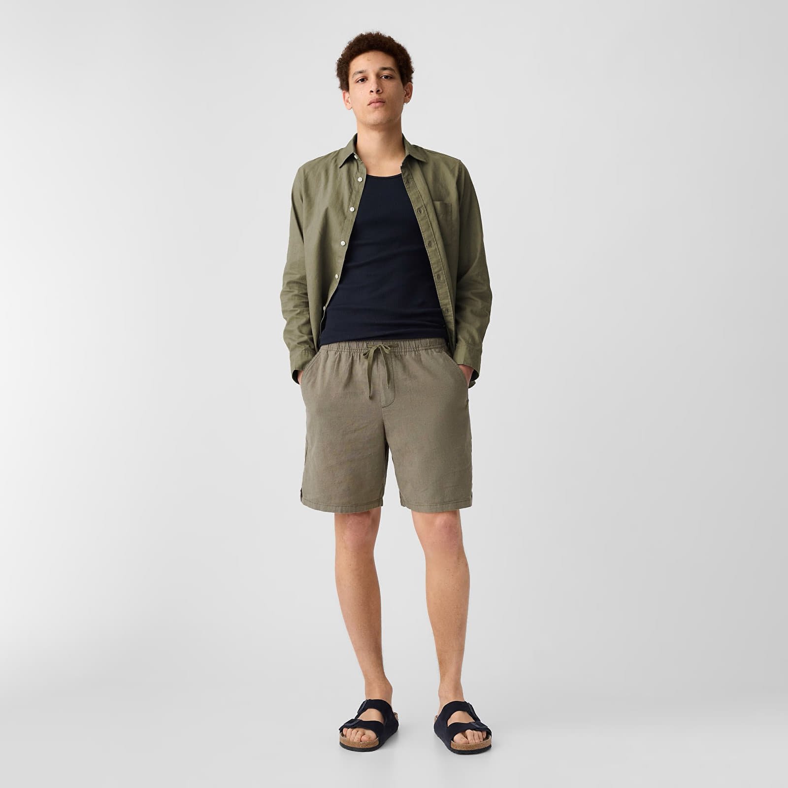8 Inch Linen Cotton Easy Shorts Olive