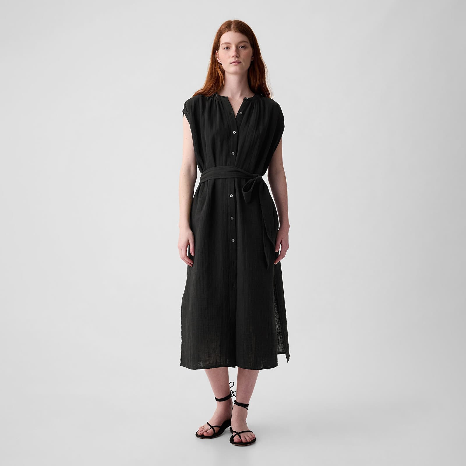 Dresses Shortsleeve Gauze Tie Waist Button Down Midi Dress Black