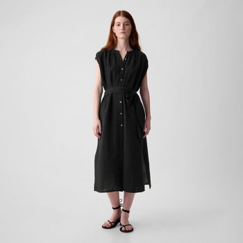 GAP Dresses Shortsleeve Gauze Tie Waist Button Down Midi Dress Black 857632-02