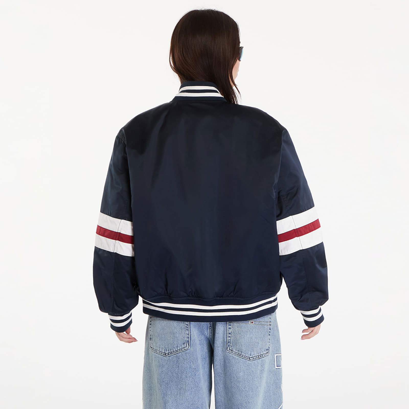 Satin Letterman Bomber Jacket Dark Night Navy