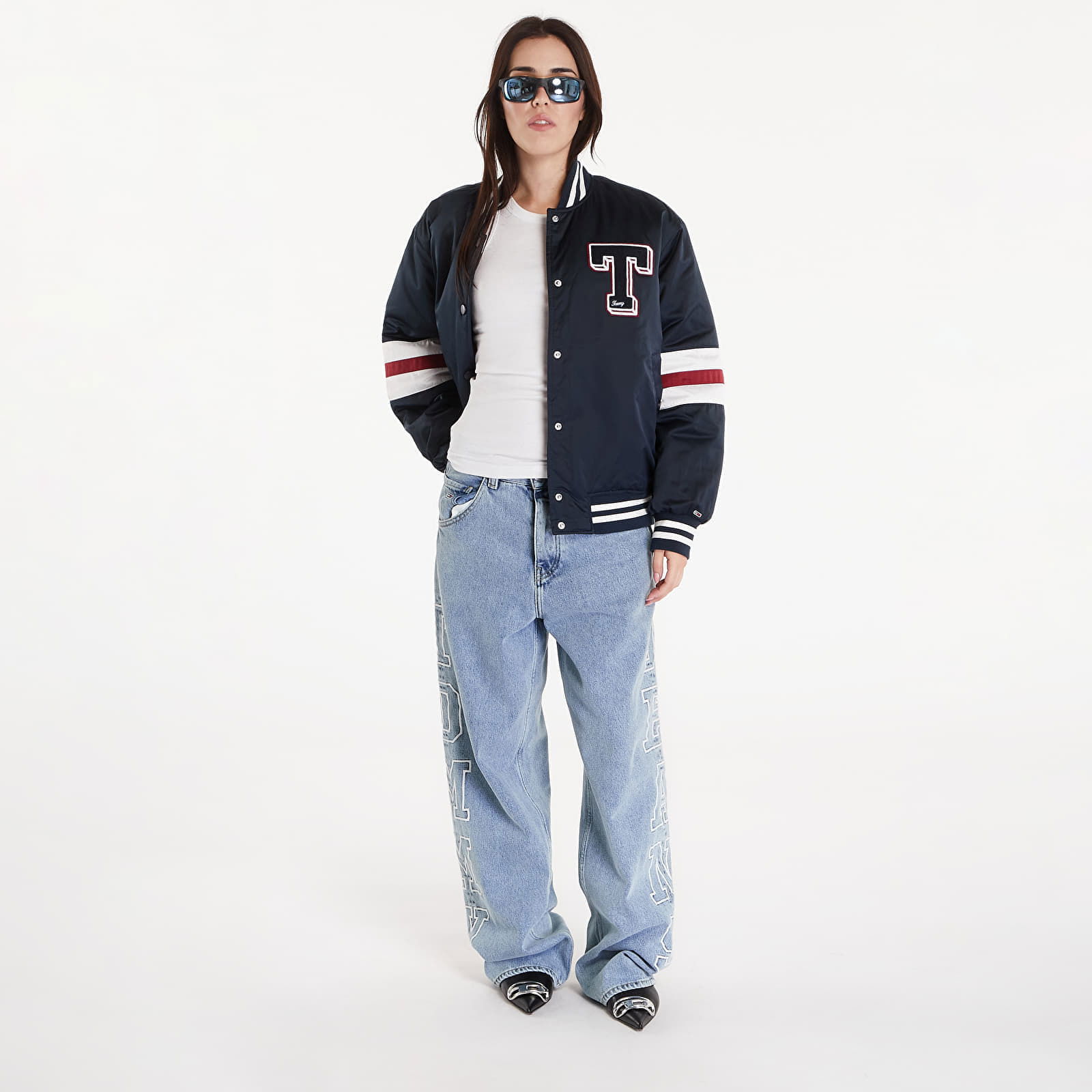 Satin Letterman Bomber Jacket Dark Night Navy